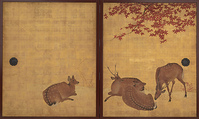 Deer and Maples, Mori Tetsuzan (Japanese, 1775–1841), Sliding doors (fusuma) mounted as four two-panel folding screens; ink and color on gilt paper, Japan